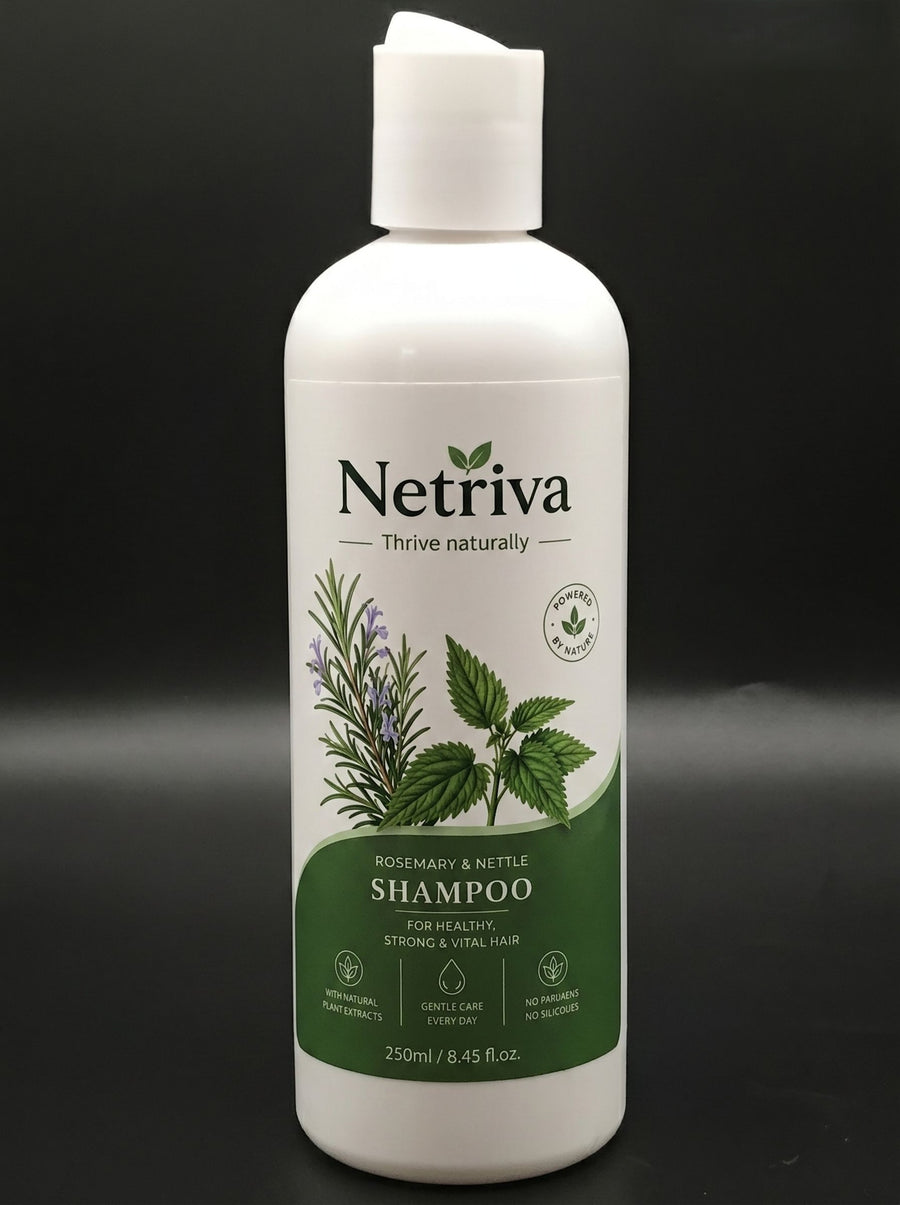 Netriva natural rosemary and nettle shampoo bottle with green label