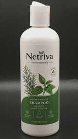 The Netriva shampoo bottle on a bathroom shelf in daylight