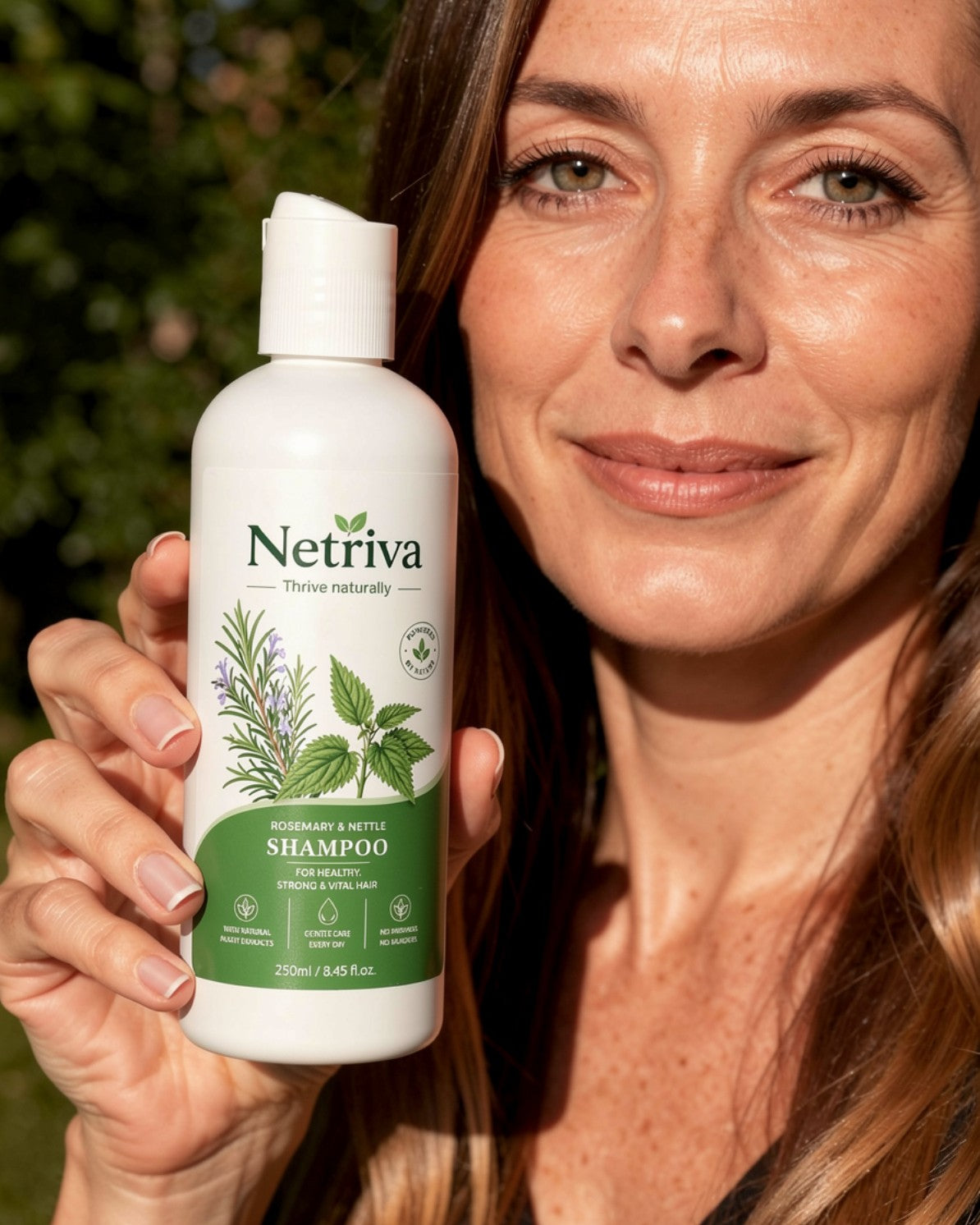 The Netriva shampoo bottle held up in daylight
